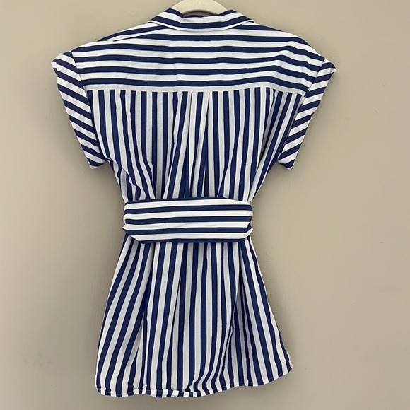 J Crew Cotton Button Front Tie Waist Top Blue and White Stripe XS - Picture 4 of 6